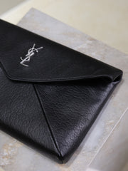 YSL 25S CASSANDRE LARGE ENVELOPE POUCH 29 IN BLACK CALFSKIN GRAY HARDWARE