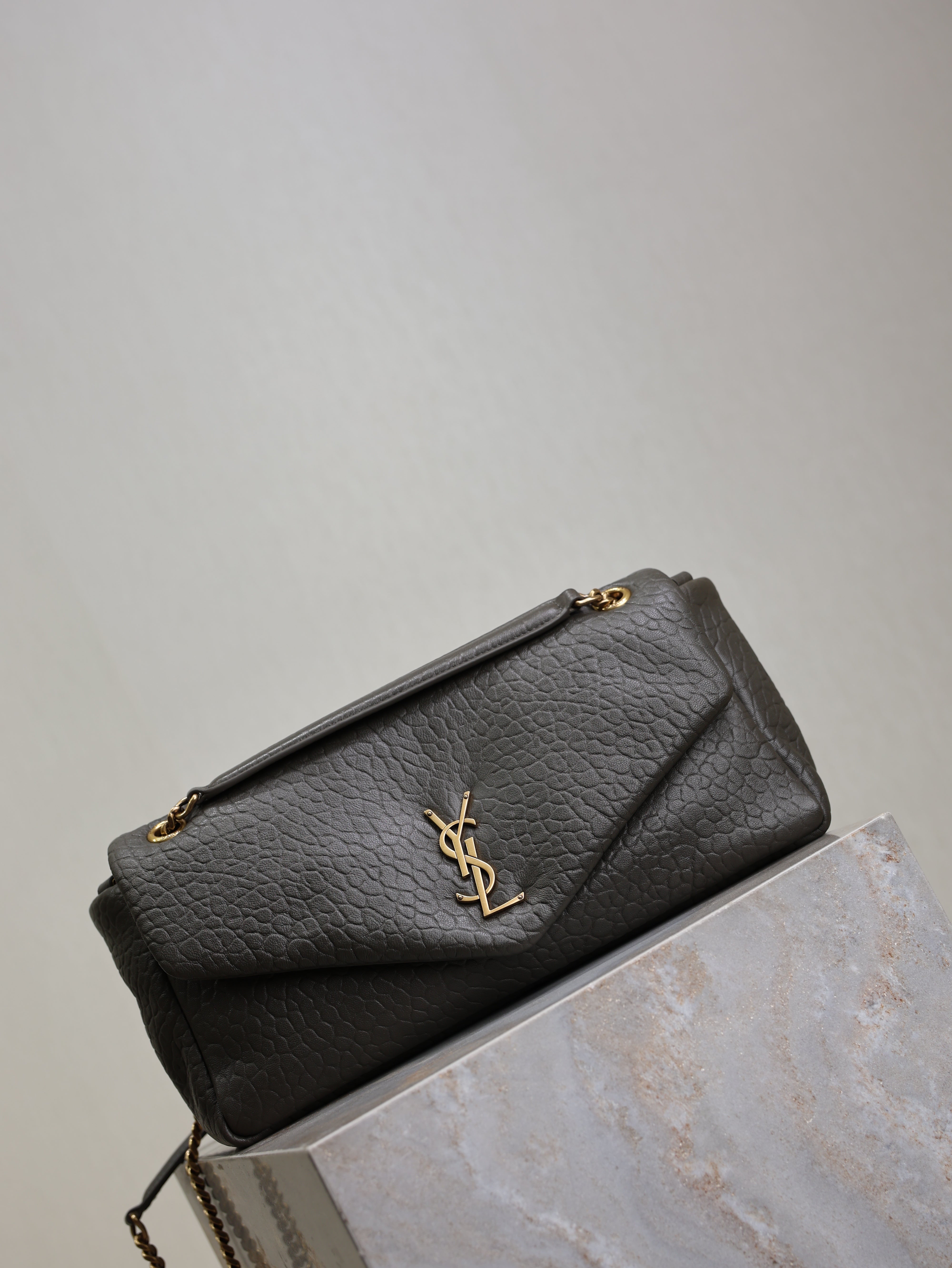 YSL 25S CALYPSO 30 IN DARK OLIVE GRAINED CALFSKIN GOLD HARDWARE