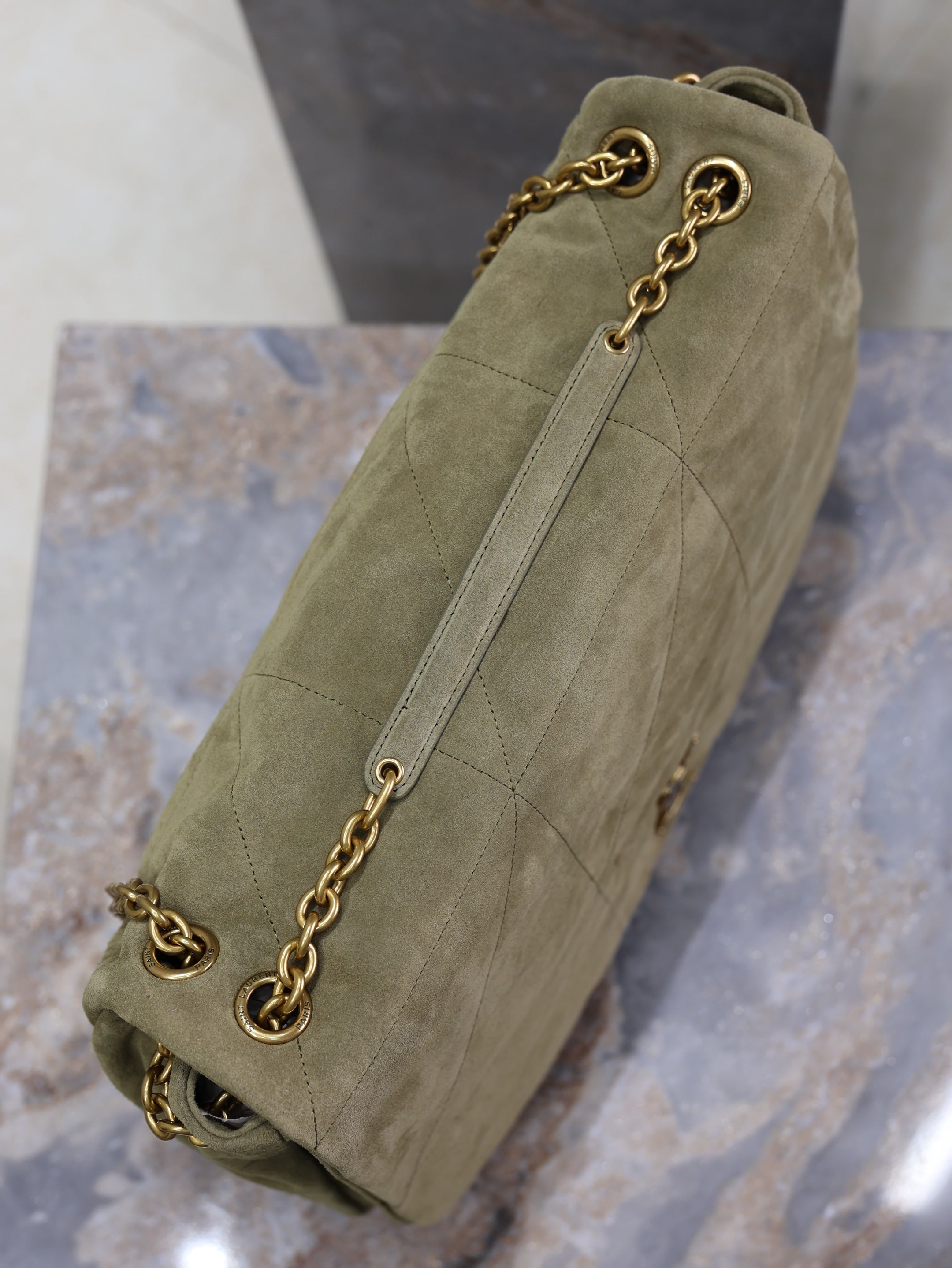 YSL 25S LARGE JAMIE 43 IN MUTED KHAKI SUEDE GOLD HARDWARE