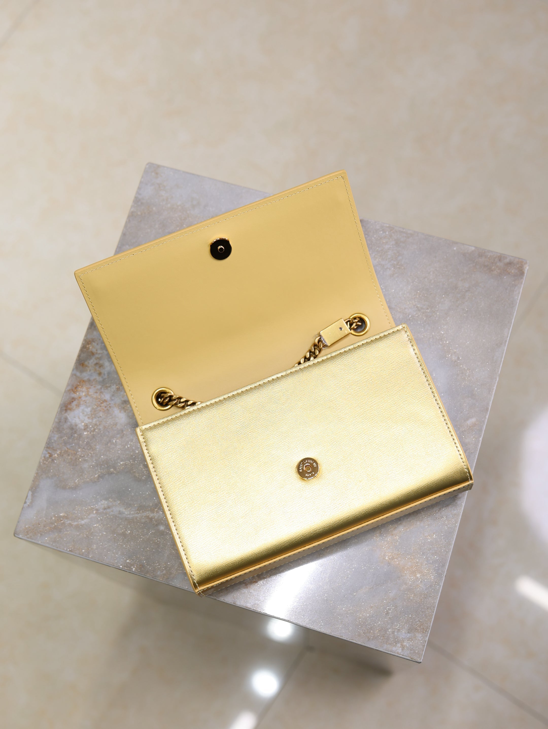 YSL 25S KATE BAG 20 IN GOLD METALLIC CALFSKIN GOLD HARDWARE