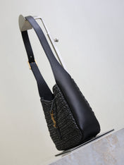 YSL 25S LE 5 À 7 SUPPLE SMALL 16 IN BLACK RAFFIA AND LEATHER GOLD HARDWRE