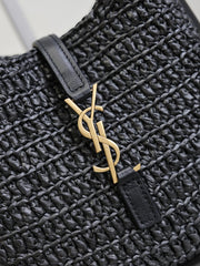 YSL 25S LE 5 À 7 SUPPLE SMALL 16 IN BLACK RAFFIA AND LEATHER GOLD HARDWARE