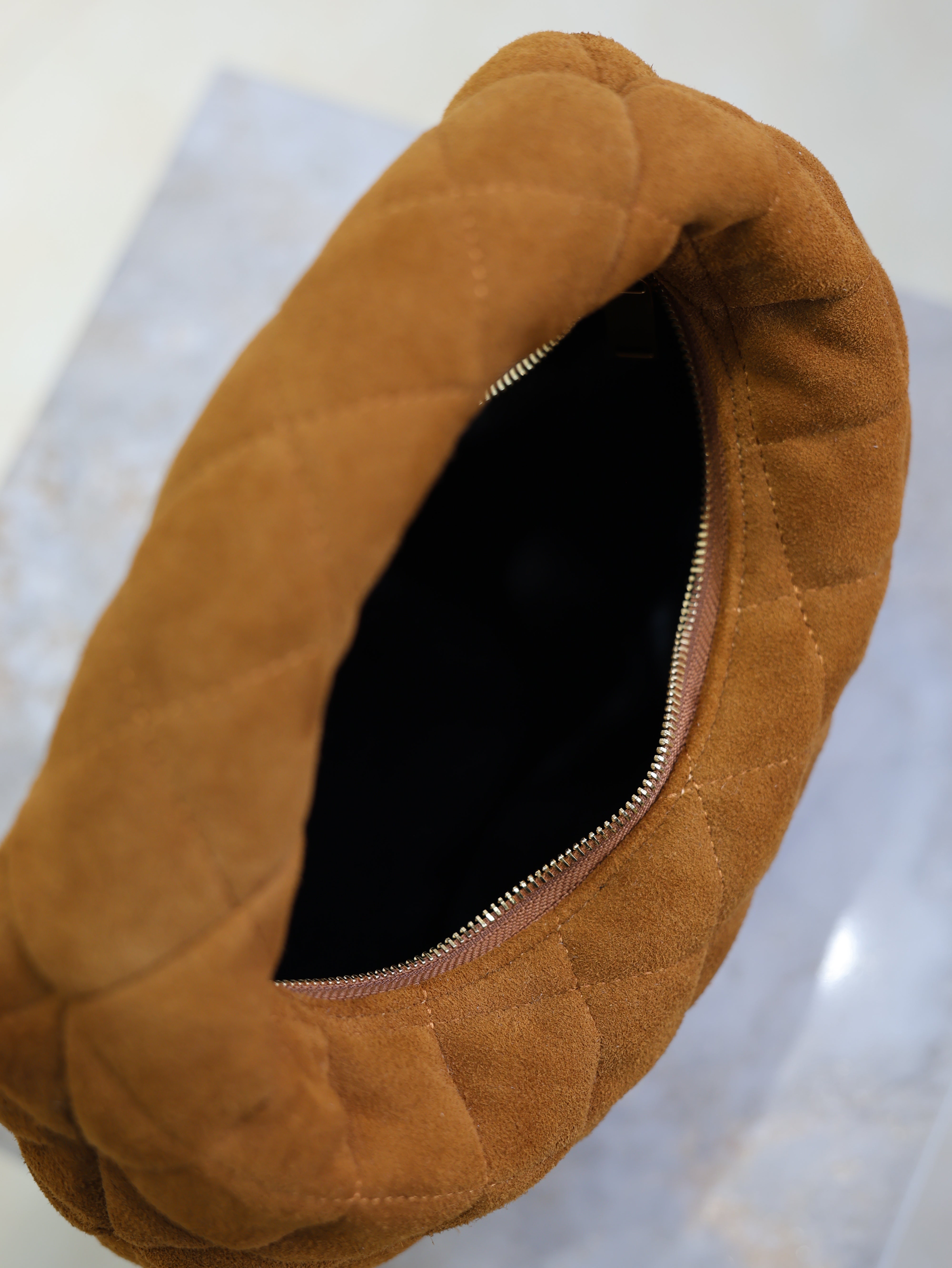 YSL 25S ICARINO MINI 17 IN CARAMEL QUILTED SUEDE GOLD HARDWARE