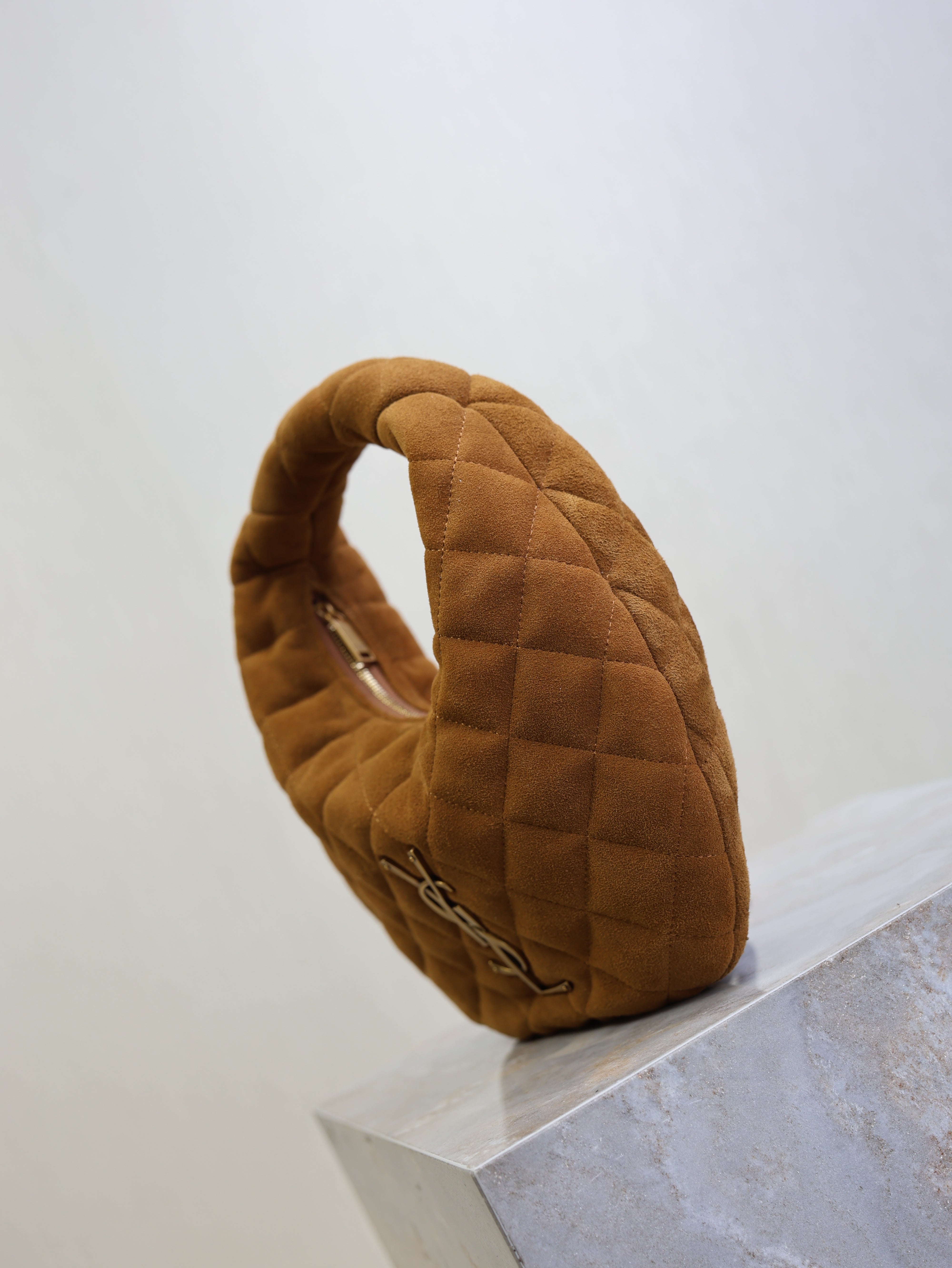 YSL 25S ICARINO MINI 17 IN CARAMEL QUILTED SUEDE GOLD HARDWARE