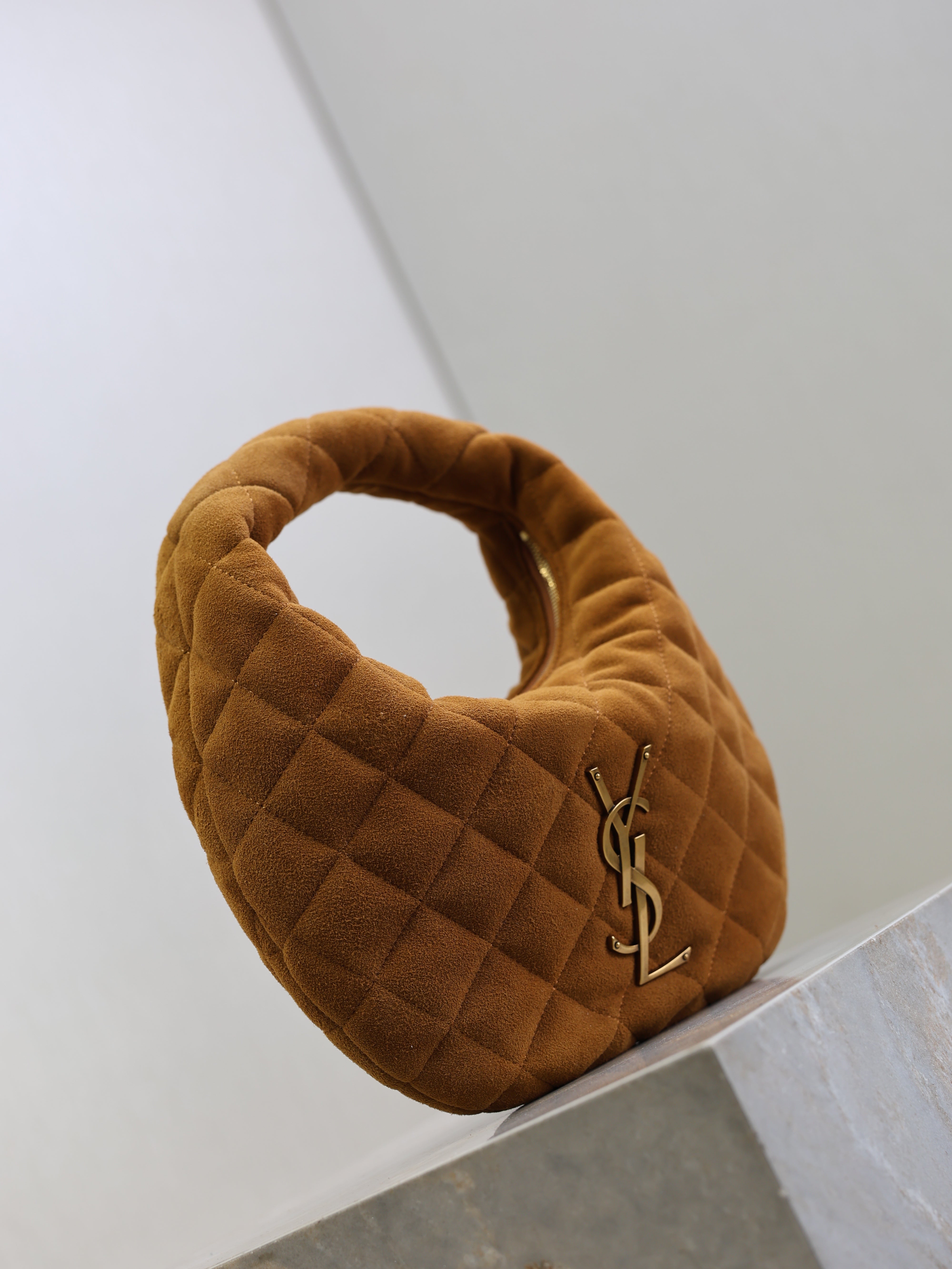 YSL 25S ICARINO MINI 17 IN CARAMEL QUILTED SUEDE GOLD HARDWARE