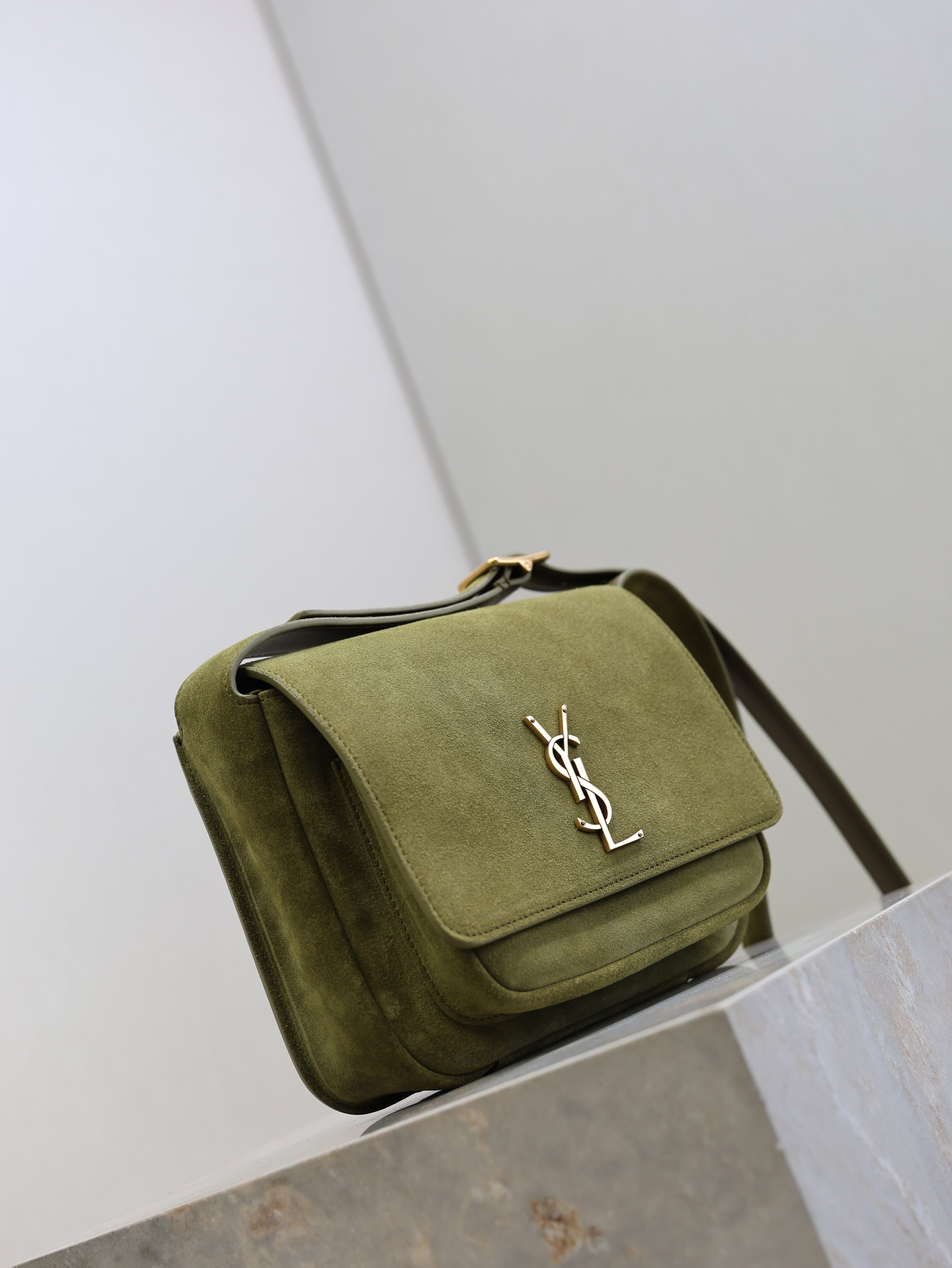 YSL 25S NIKI SATCHEL 22 IN BARLEY GREEN SUEDE GOLD HARDWARE