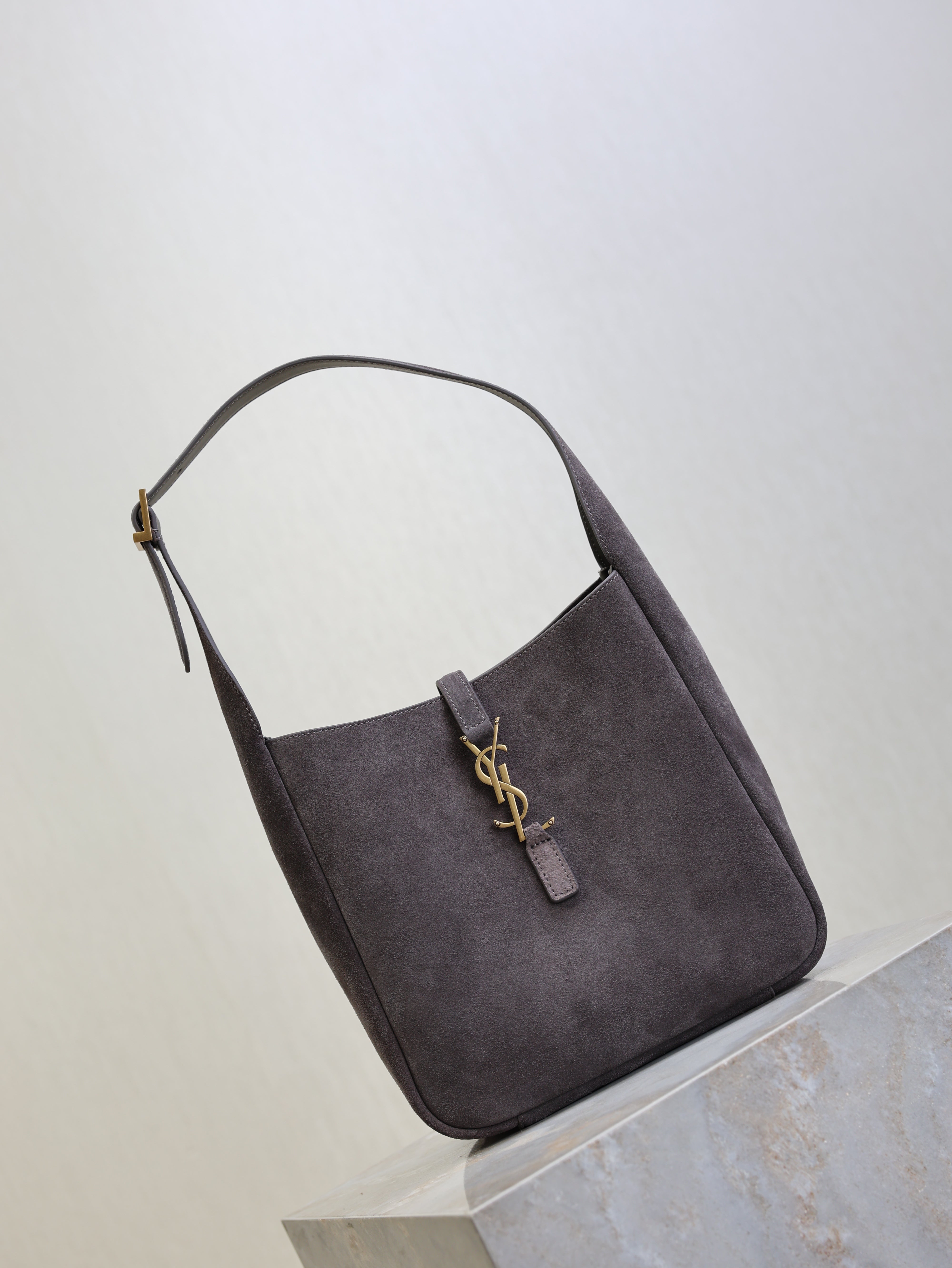 YSL 25S LE 5 À 7 SUPPLE SMALL 23 IN DARK GRAY SUEDE GOLD HARDWRE