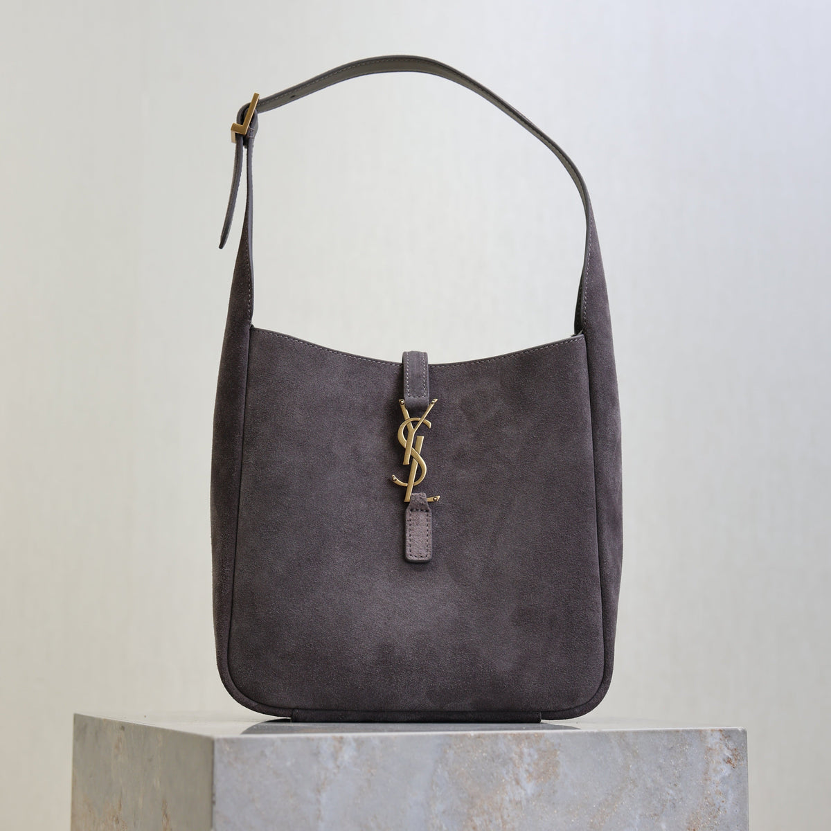 YSL 25S LE 5 À 7 SUPPLE SMALL 23 IN DARK GRAY SUEDE GOLD HARDWARE