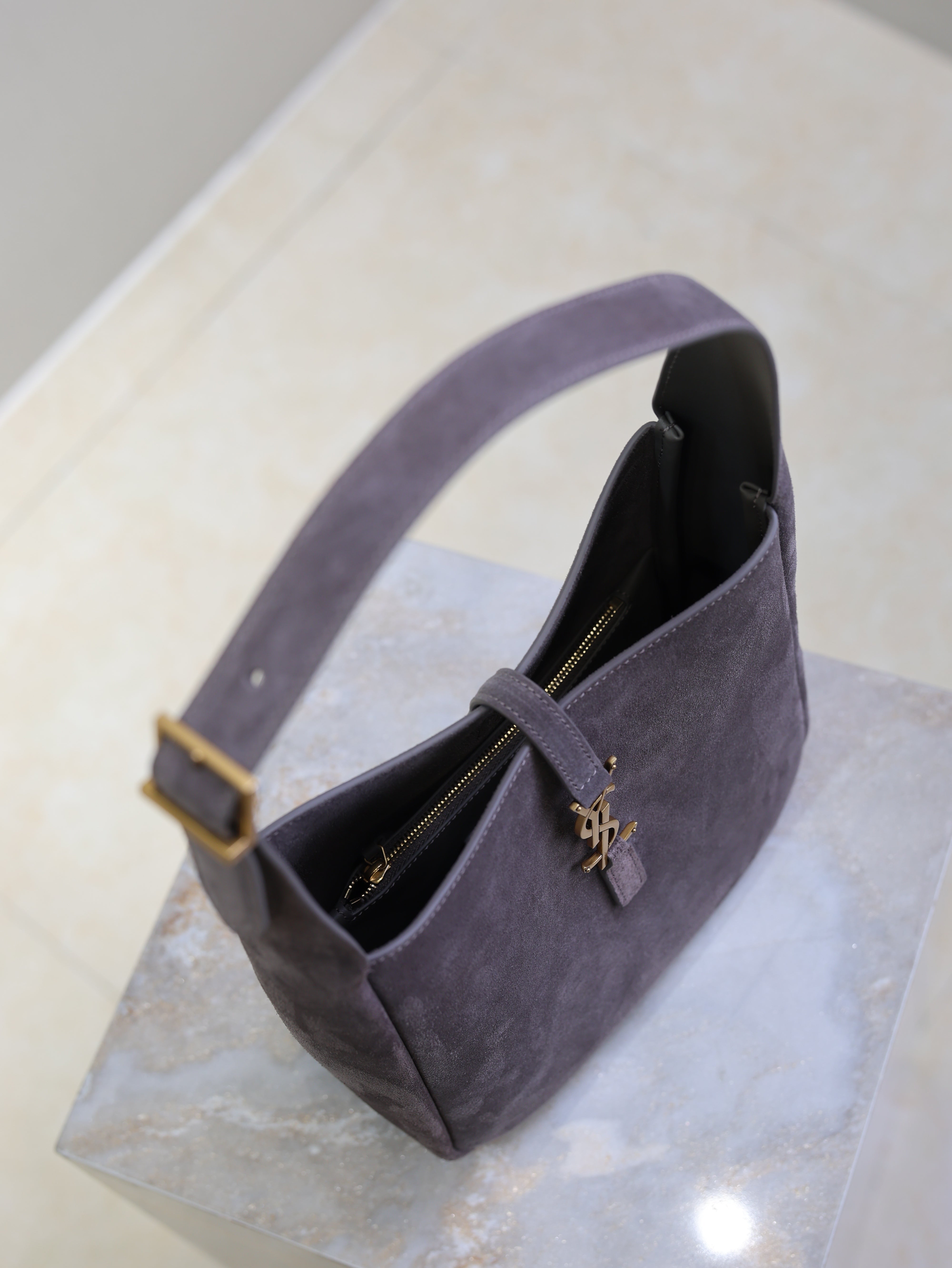 YSL 25S LE 5 À 7 SUPPLE SMALL 23 IN DARK GRAY SUEDE GOLD HARDWRE