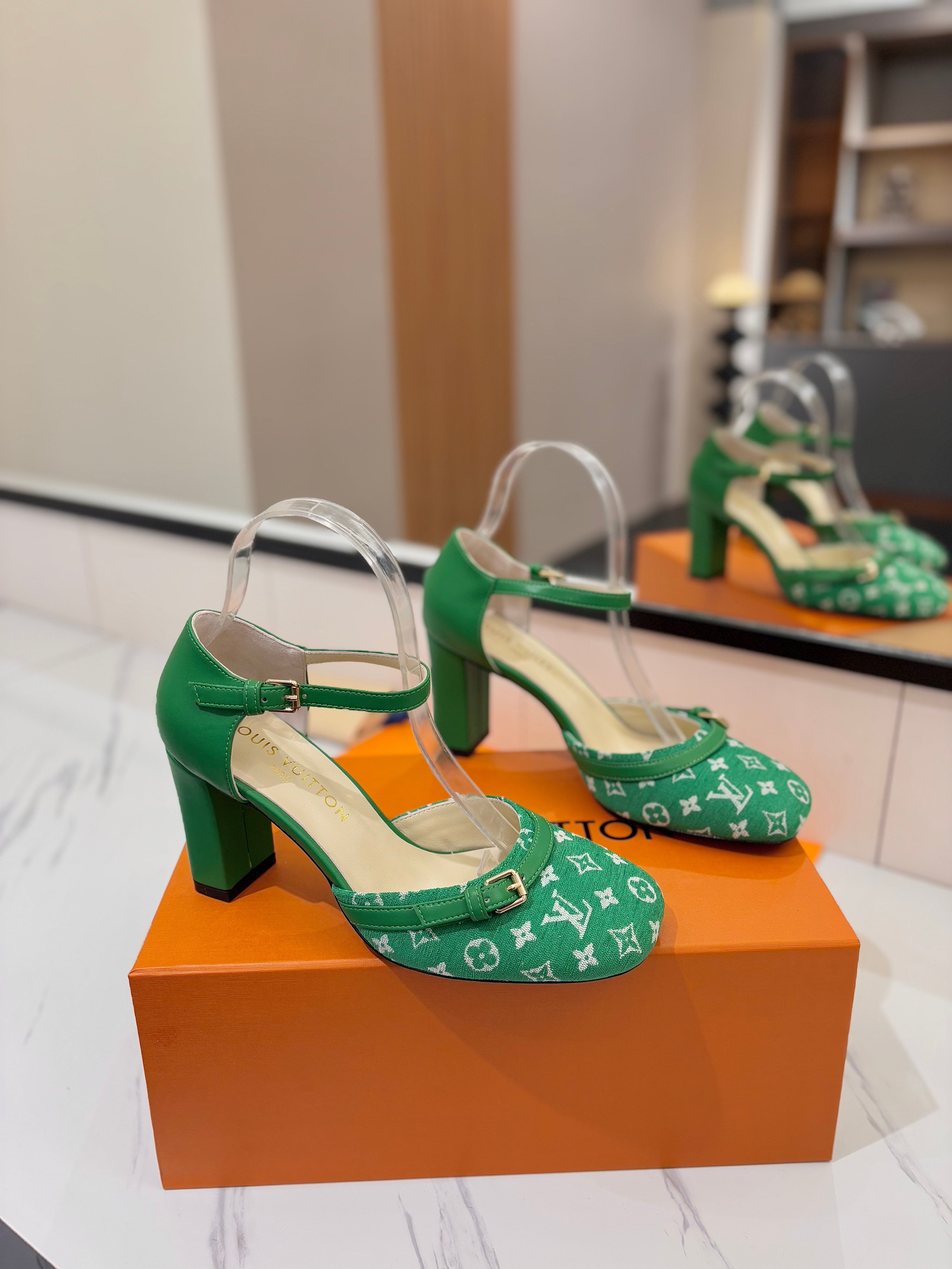 HIGH SANDALS 8 CM IN EMERALD GREEN MONOGRAM DENIM AND CALFSKIN