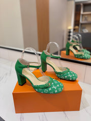 HIGH SANDALS 8 CM IN EMERALD GREEN MONOGRAM DENIM AND CALFSKIN