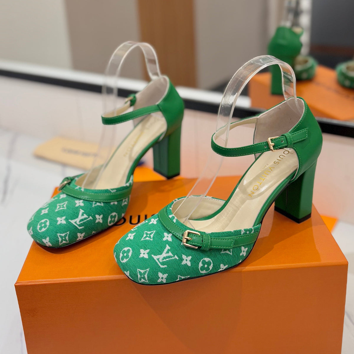 HIGH SANDALS 8 CM IN EMERALD GREEN MONOGRAM DENIM AND CALFSKIN