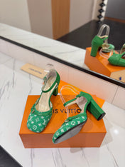 HIGH SANDALS 8 CM IN EMERALD GREEN MONOGRAM DENIM AND CALFSKIN