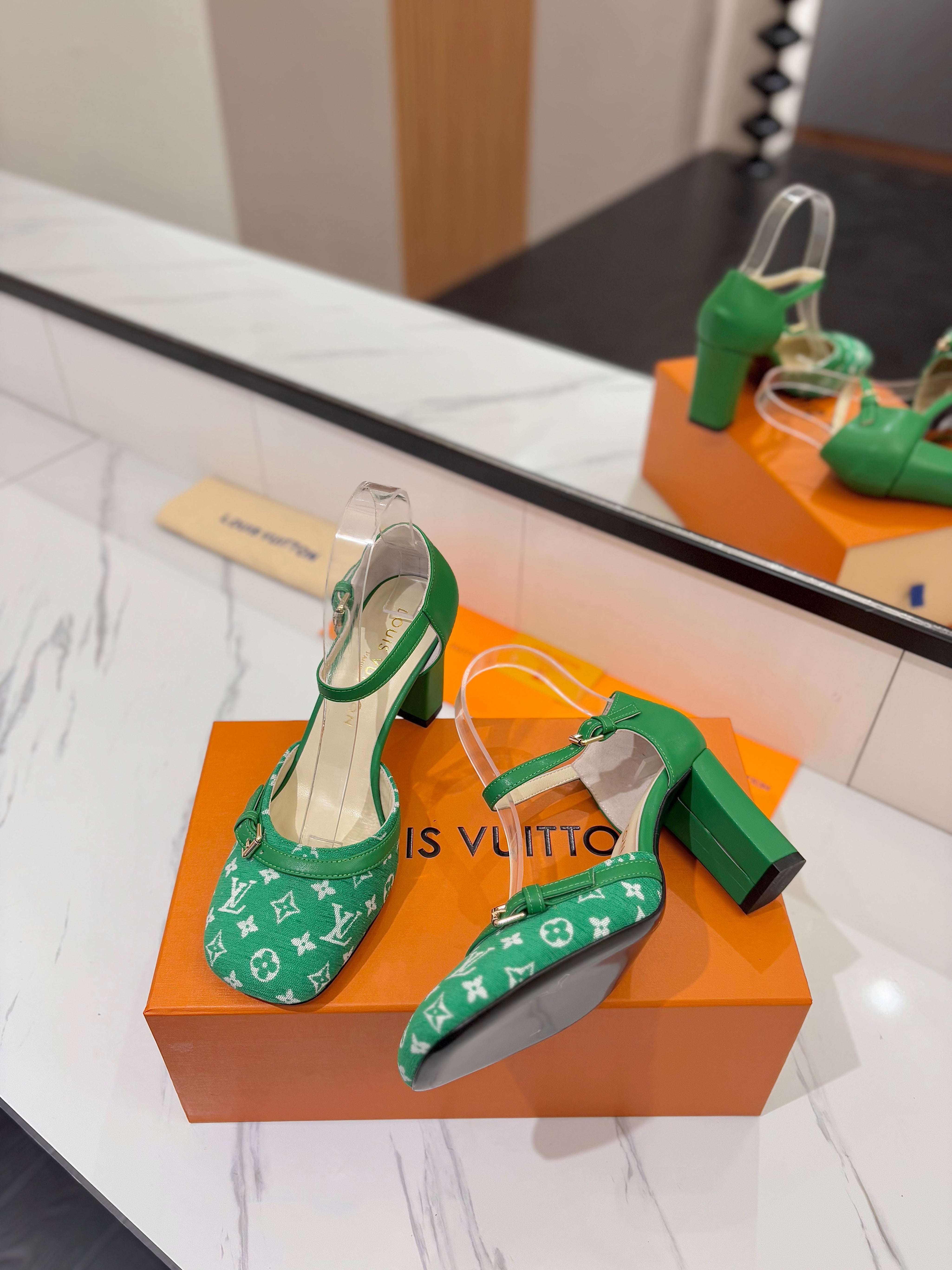 HIGH SANDALS 8 CM IN EMERALD GREEN MONOGRAM DENIM AND CALFSKIN