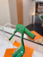 HIGH SANDALS 8 CM IN EMERALD GREEN MONOGRAM DENIM AND CALFSKIN