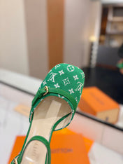 HIGH SANDALS 8 CM IN EMERALD GREEN MONOGRAM DENIM AND CALFSKIN