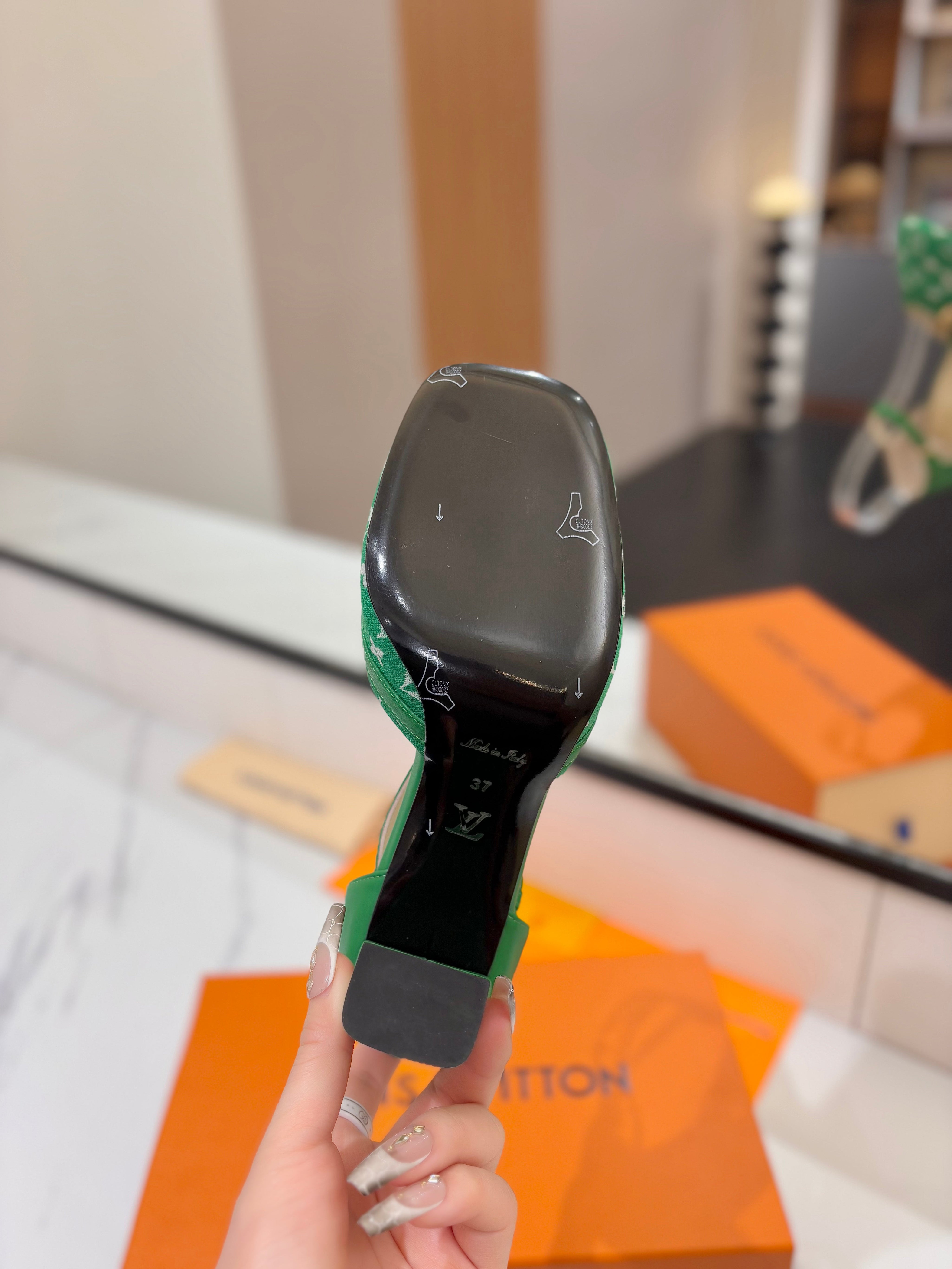 HIGH SANDALS 8 CM IN EMERALD GREEN MONOGRAM DENIM AND CALFSKIN