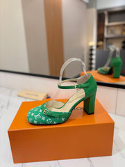 HIGH SANDALS 8 CM IN EMERALD GREEN MONOGRAM DENIM AND CALFSKIN