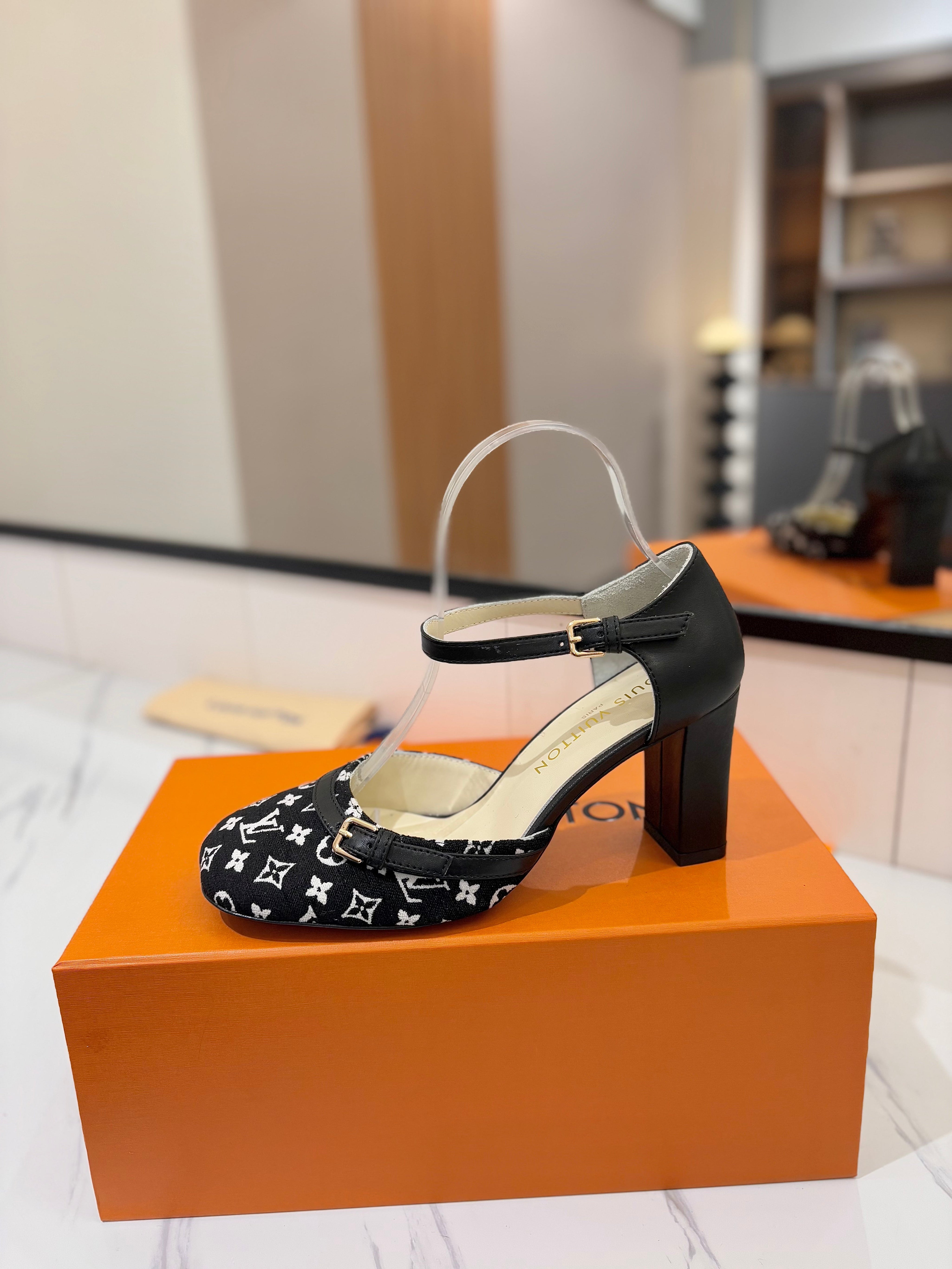 HIGH SANDALS 8 CM IN BLACK MONOGRAM DENIM AND CALFSKIN