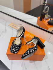 HIGH SANDALS 8 CM IN BLACK MONOGRAM DENIM AND CALFSKIN