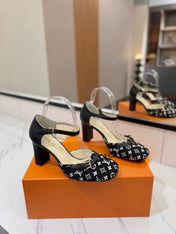 HIGH SANDALS 8 CM IN BLACK MONOGRAM DENIM AND CALFSKIN