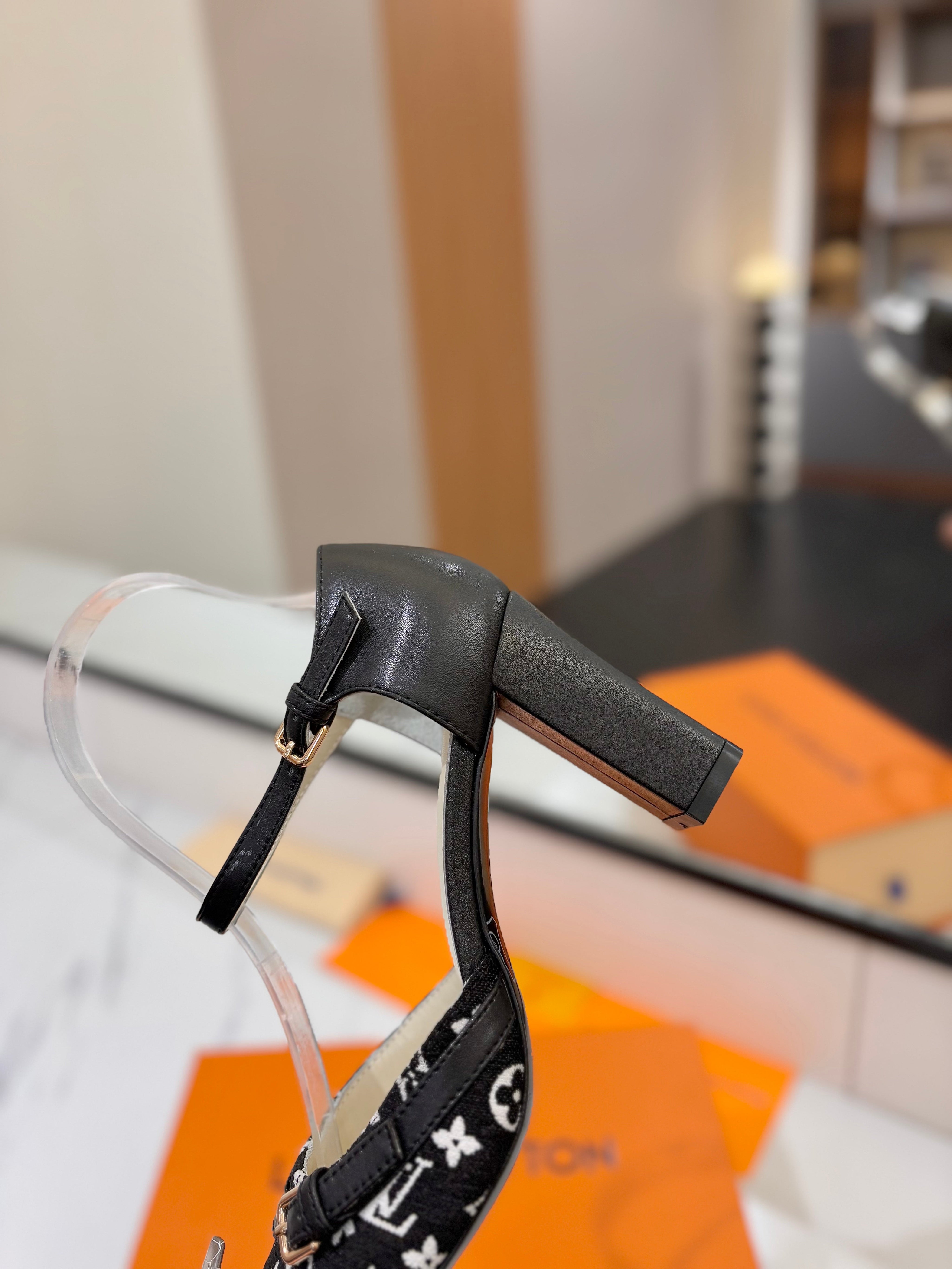 HIGH SANDALS 8 CM IN BLACK MONOGRAM DENIM AND CALFSKIN