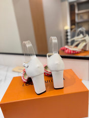 HIGH SANDALS 8 CM IN CHERRY RED MONOGRAM DENIM AND WHITE CALFSKIN