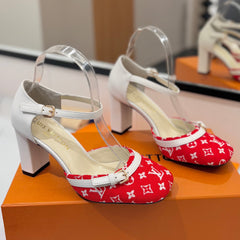 HIGH SANDALS 8 CM IN CHERRY RED MONOGRAM DENIM AND WHITE CALFSKIN