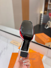 HIGH SANDALS 8 CM IN CHERRY RED MONOGRAM DENIM AND WHITE CALFSKIN