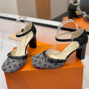 HIGH SANDALS 8 CM IN COOL GRAY MONOGRAM DENIM AND BLACK CALFSKIN