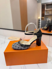 HIGH SANDALS 8 CM IN COOL GRAY MONOGRAM DENIM AND BLACK CALFSKIN