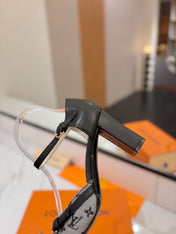 HIGH SANDALS 8 CM IN COOL GRAY MONOGRAM DENIM AND BLACK CALFSKIN