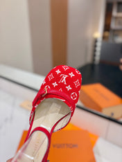 HIGH SANDALS 8 CM IN CHERRY RED MONOGRAM DENIM