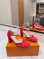 HIGH SANDALS 8 CM IN CHERRY RED MONOGRAM DENIM