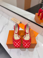 HIGH SANDALS 8 CM IN CHERRY RED MONOGRAM DENIM