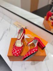 HIGH SANDALS 8 CM IN CHERRY RED MONOGRAM DENIM