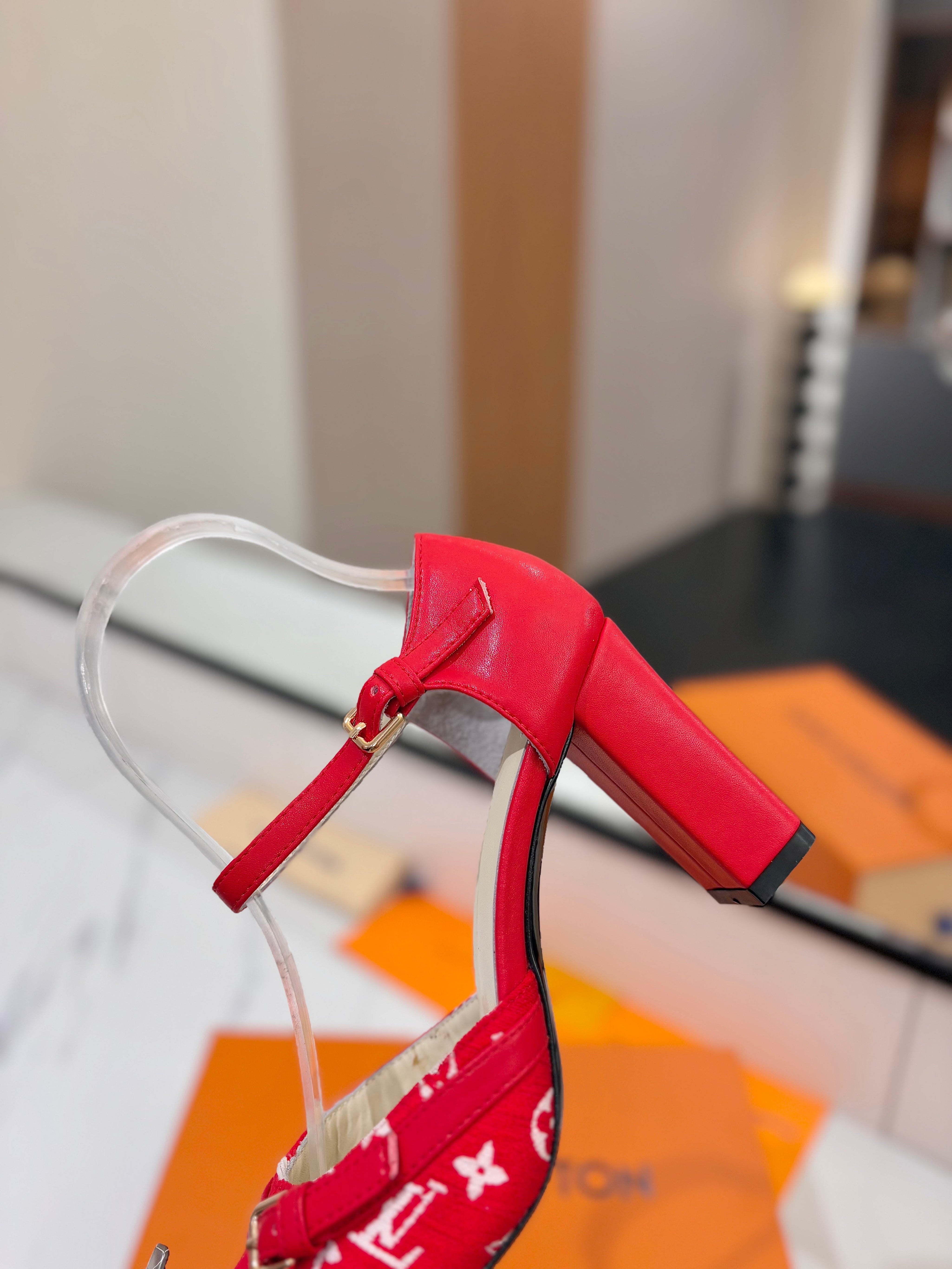 HIGH SANDALS 8 CM IN CHERRY RED MONOGRAM DENIM