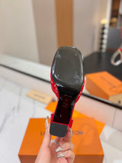 HIGH SANDALS 8 CM IN CHERRY RED MONOGRAM DENIM