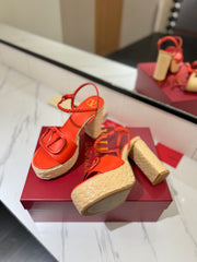 VLTN ESPADRILLE WEDGE SANDALS 25S 115 MM IN ORANGE LAMBSKIN