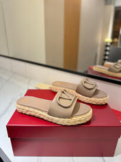 VLTN ESPADRILLE SLIDES 25S IN BEIGE BROWN LAMBSKIN STYLE 10