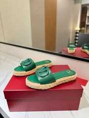 VLTN ESPADRILLE SLIDES 25S IN DARK GREEN LAMBSKIN STYLE 9