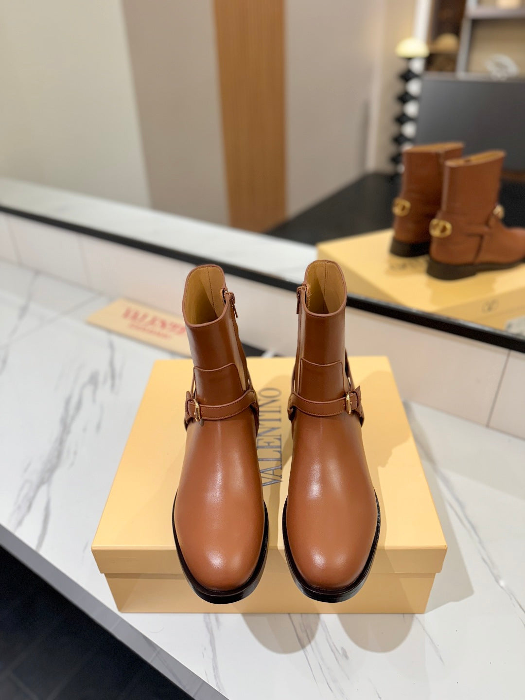 VALENTINO 25S PATTIE ANKLE BOOTS IN BROWN CALFSKIN WITH GOLD HARDWARE