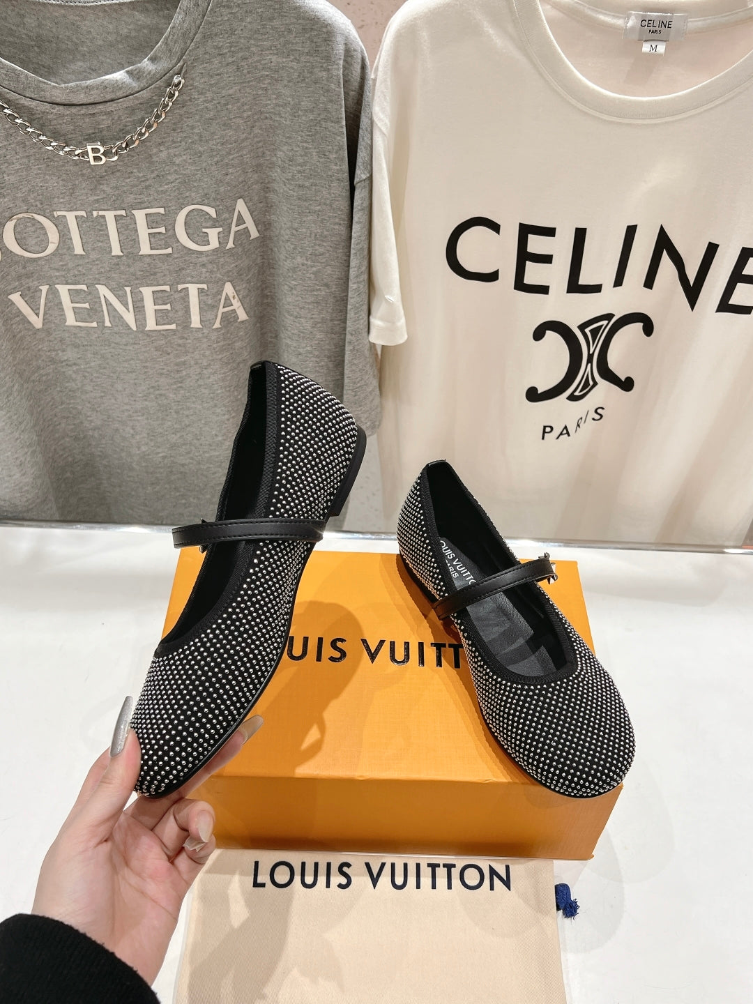 ROMY FLAT BALLERINA IN BLACK LAMBSKIN EMBELLISHED SILVER-TONED STUDS