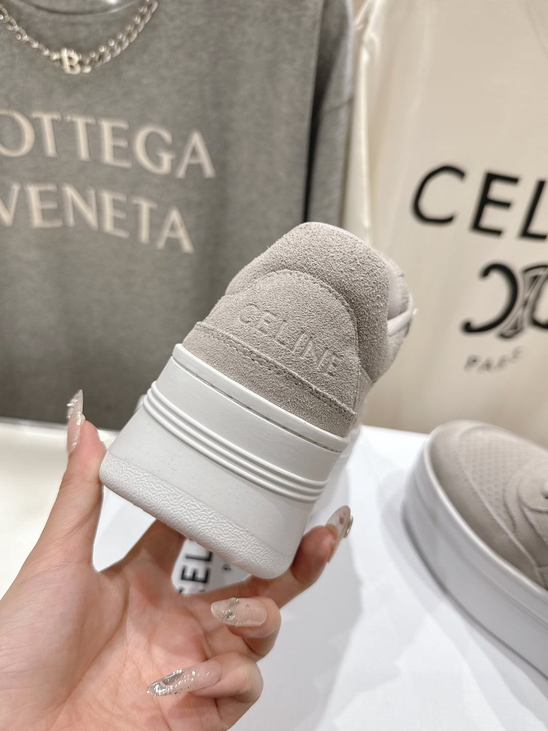 BLOCK SNEAKERS WITH EMBROIDERED TRIOMPHE IN MALIBU BEIGE SUEDE