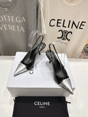 JUDY CAP TOE SLINGBACK 65MM IN BLACK SHINY CALFSKIN AND SILVER SNAKE EMBOSSED LEATHER