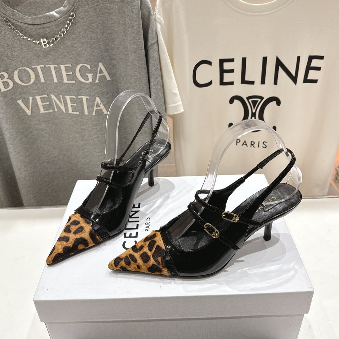 JUDY DOUBLE STRAP MARY JANE SLINGBACK 65MM IN BLACK PATENT CALFSKIN AND LEOPARD PRINTED HAIRY CALFSKIN