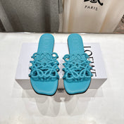 LOEWE 26S PETAL ANAGRAM SLIDE IN TEAL BLUE CALFSKIN