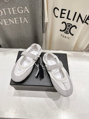 PRADA 25S COLLAPSE RE NYLON AND SUEDE BALLERINAS IN LIGHT GRAY AND CREAM