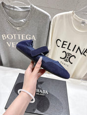 PRADA 25S COLLAPSE RE NYLON AND SUEDE BALLERINAS IN DARK BLUE