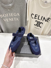 PRADA 25S COLLAPSE RE NYLON AND SUEDE BALLERINAS IN DARK BLUE
